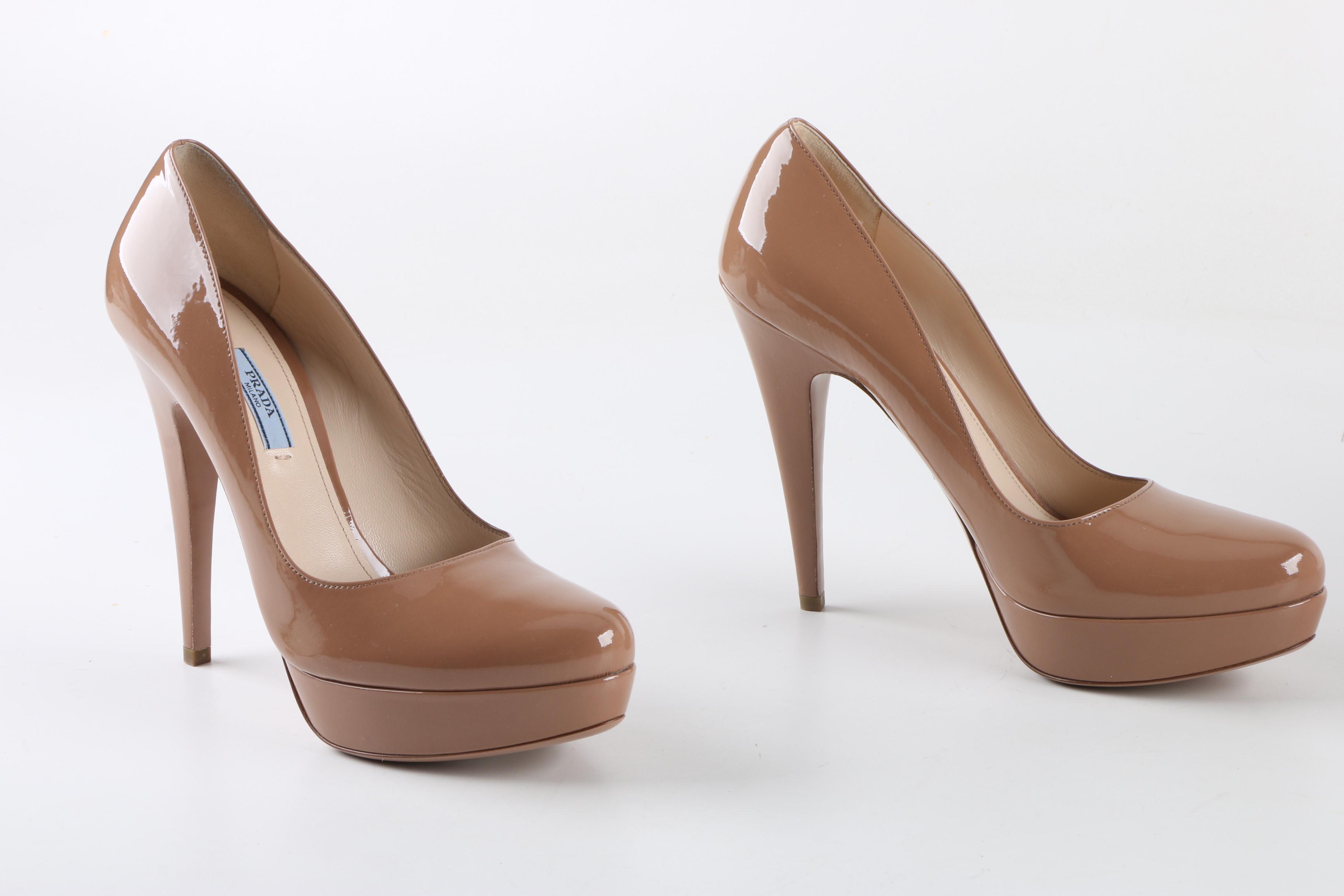 Prada Taupe Patent Leather Platform Pumps