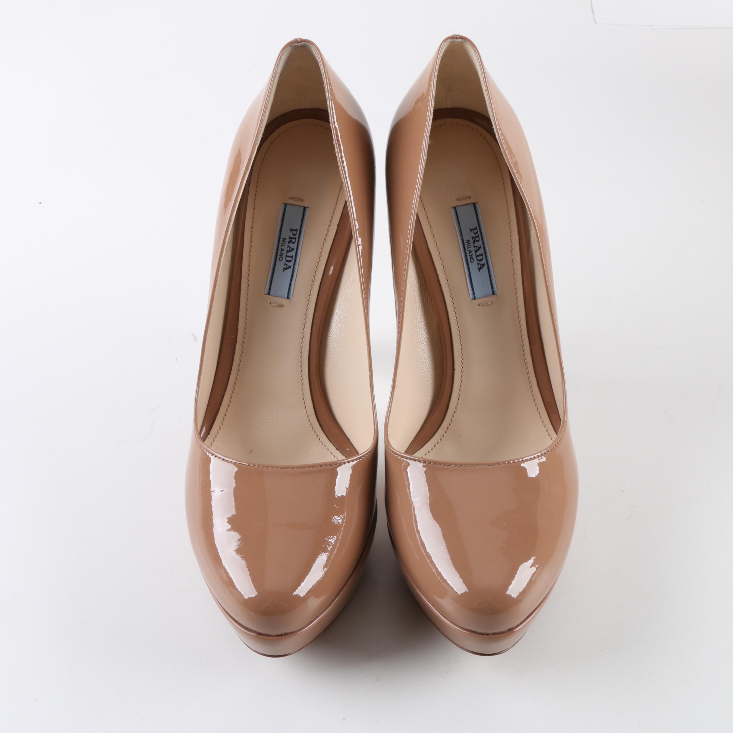 Prada Taupe Patent Leather Platform Pumps