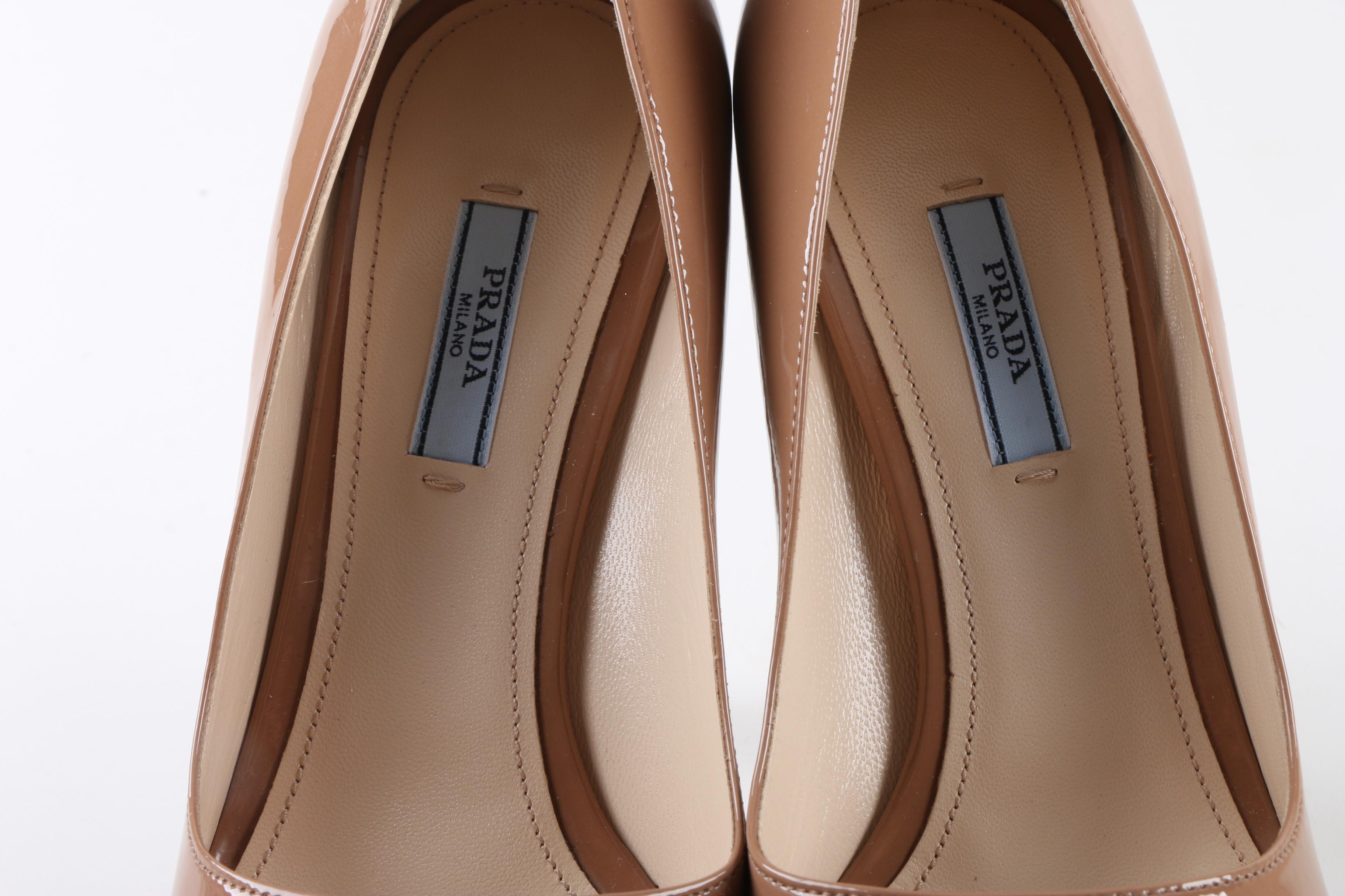 Prada Taupe Patent Leather Platform Pumps