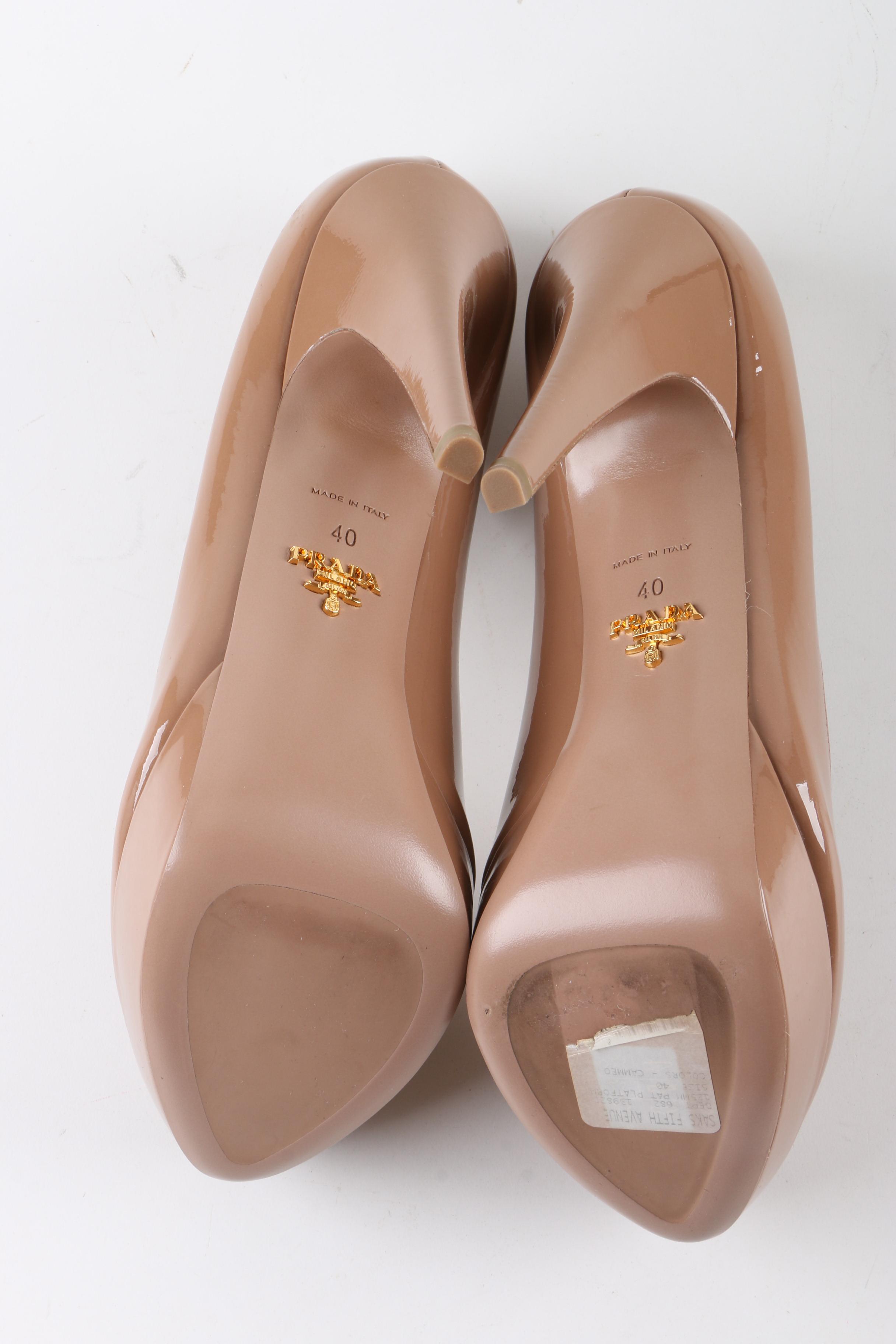 Prada Taupe Patent Leather Platform Pumps