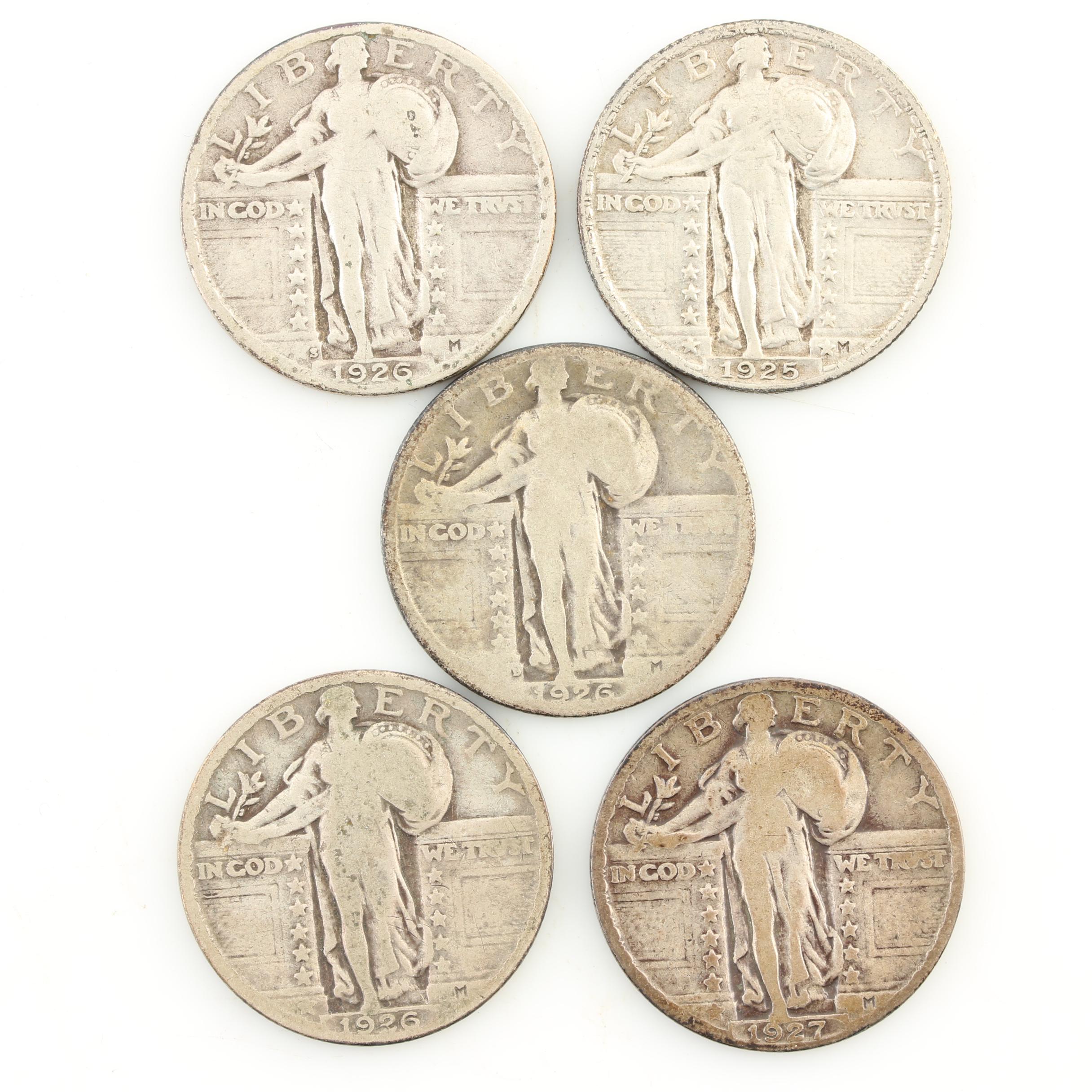 Five Standing Liberty Silver Quarters from the Mid-1920s