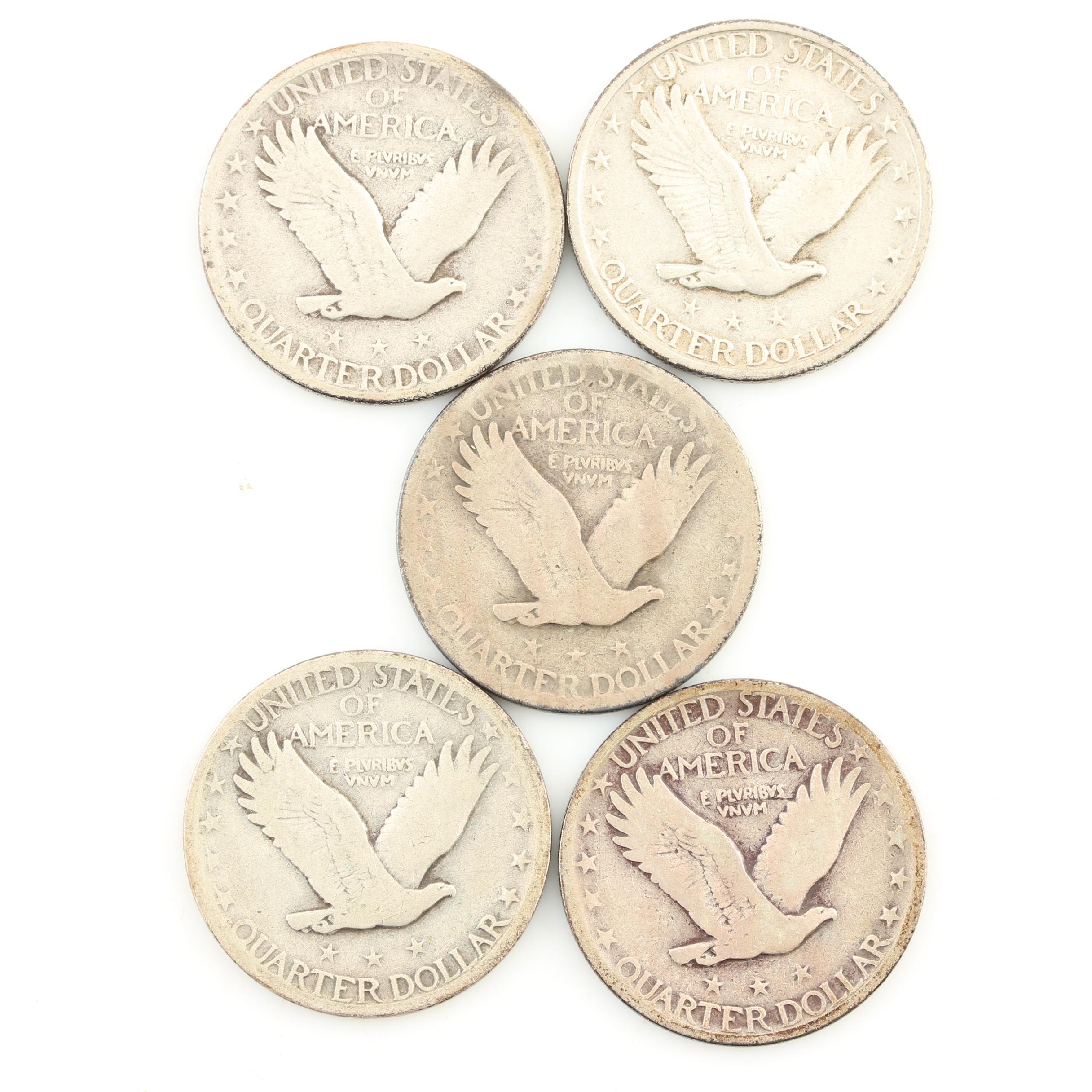 Five Standing Liberty Silver Quarters from the Mid-1920s