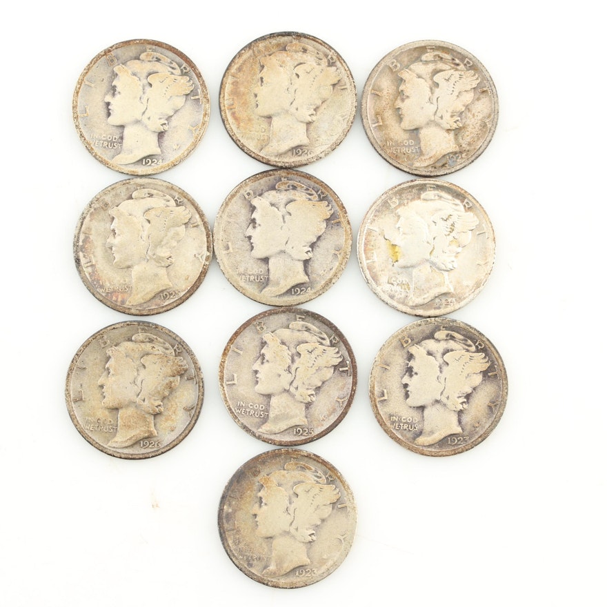 Ten Mercury Silver Dimes from the Mid-1920s