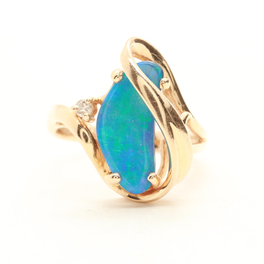 14K Yellow Gold Opal Doublet and Diamond Ring