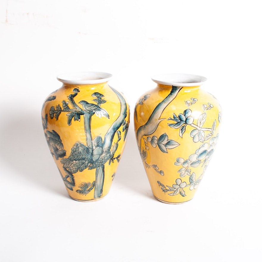 Pair of Chinese Export Porcelain Blue on Yellow Vases