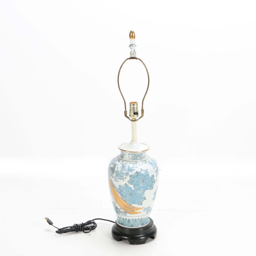 Japanese Gold Imari Ceramic Lamp with Peacocks and Chrysanthemums