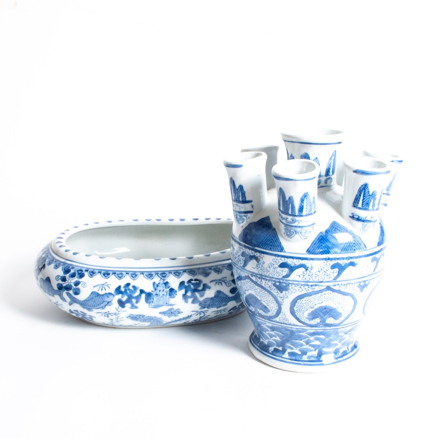 Blue on White Porcelain Tulipiere Vase and Fish Bowl Jardiniere