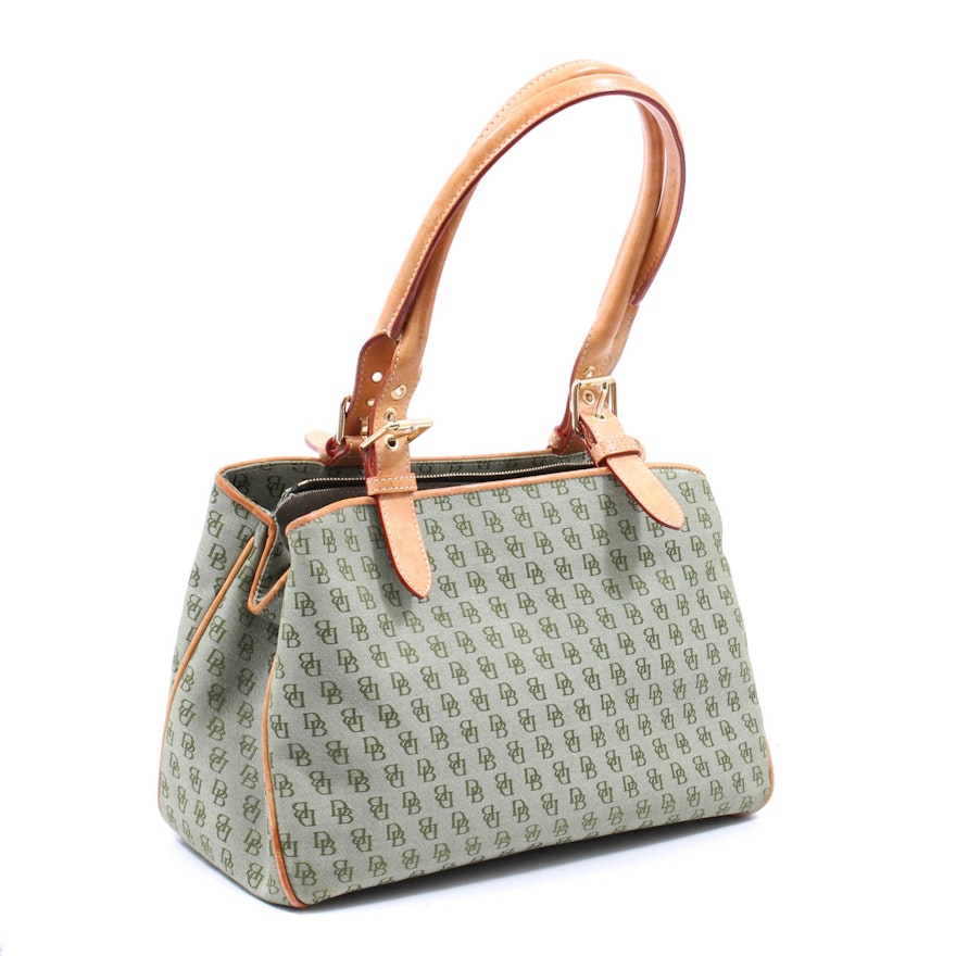 Dooney and Bourke DB Green Signature Canvas and Tan Leather Bag