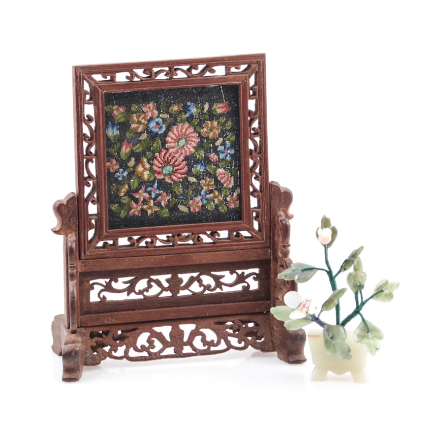 Chinese Table Screen with Needlepoint and Stone Sculpture