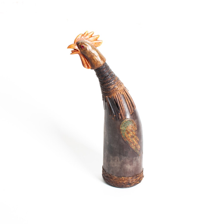 Vintage Italian Leather Covered Rooster Wine Bottle