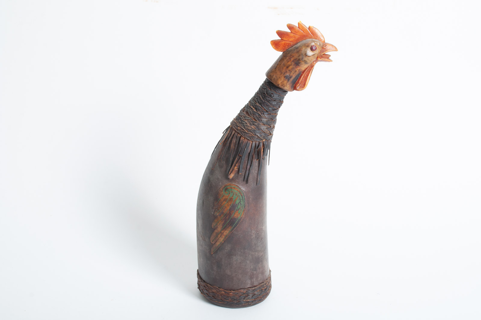 Vintage Italian Leather Covered Rooster Wine Bottle