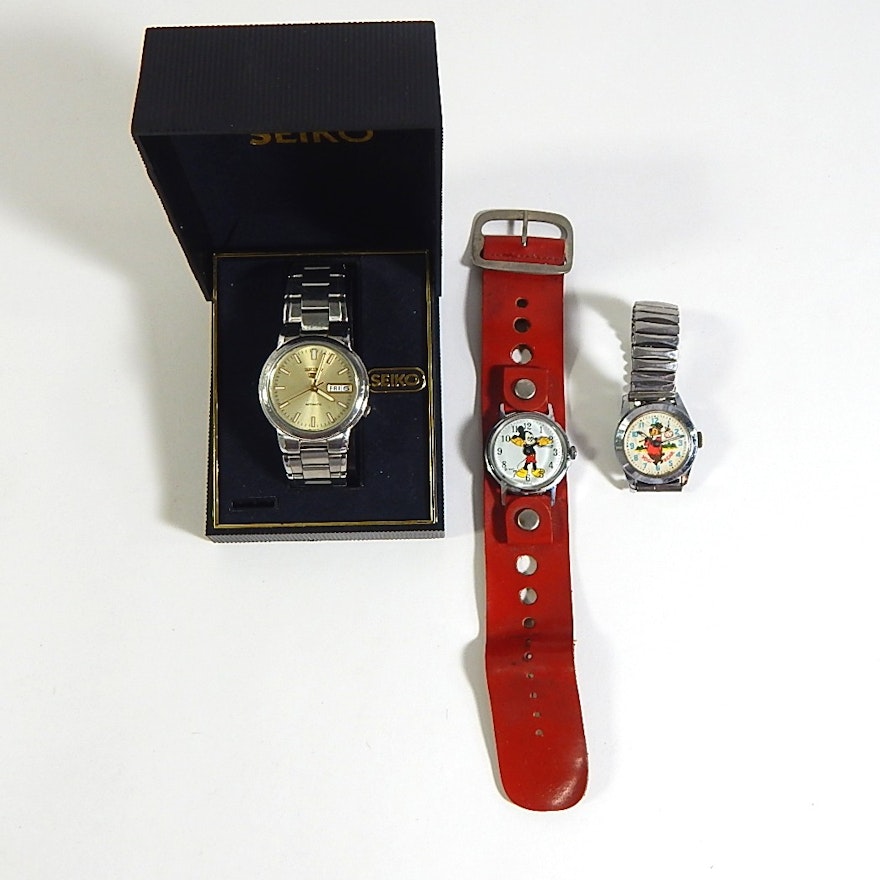 Three Wristwatches with Mickey Mouse and Seiko