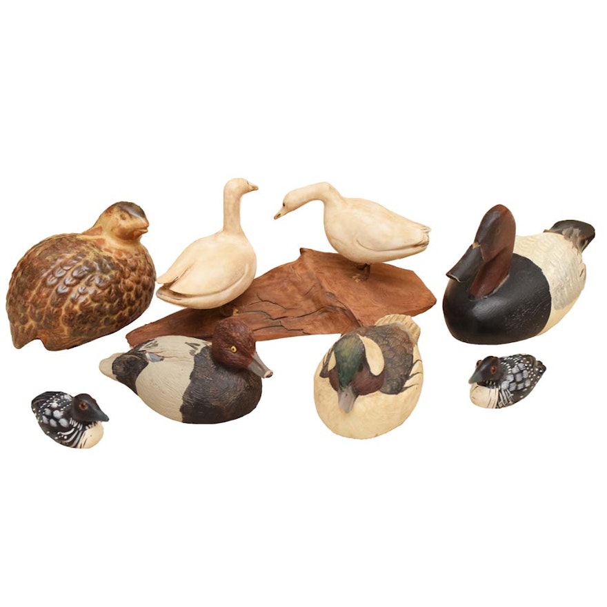 Petite Carved Wood and Ceramic Avian Figurines