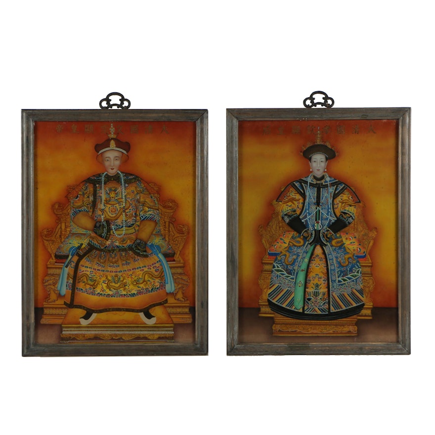 Reverse Glass Chinese Ancestor Portrait Oil Paintings
