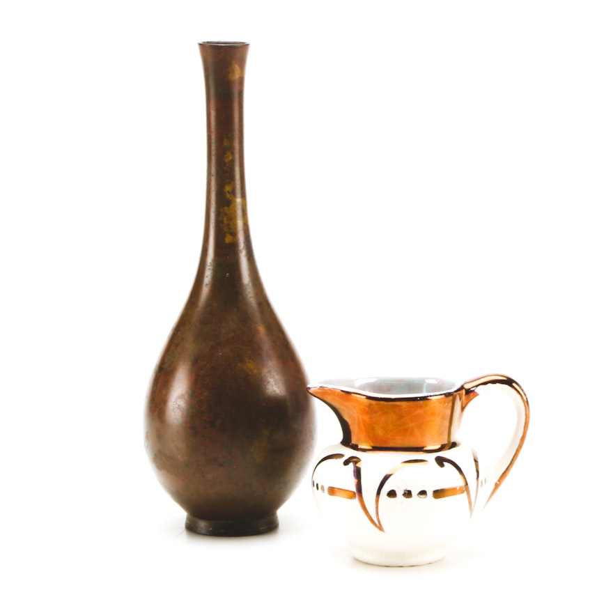 Small Copper Bud Vase and Porcelain Pitcher Marked Lancaster