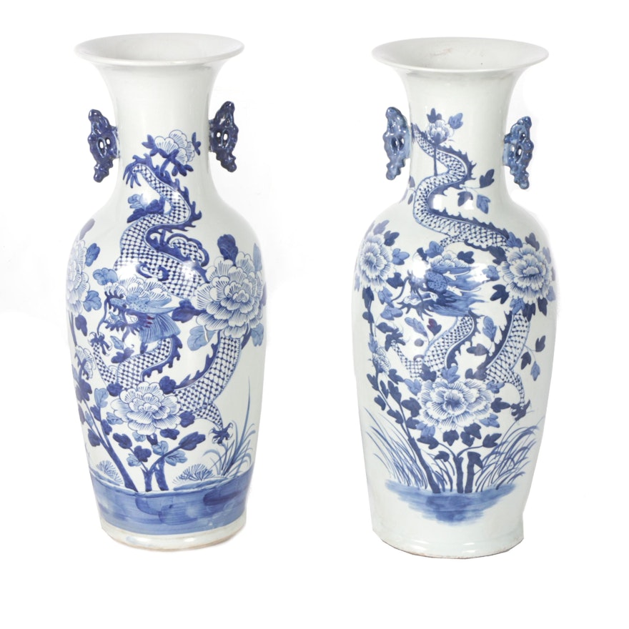 Chinese Blue-and-White Dragon and Peony Motif Floorstanding Vases