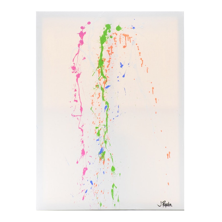 J. Popolin Original Abstract Acrylic on Canvas "Pink Green Orange Blue Drips"