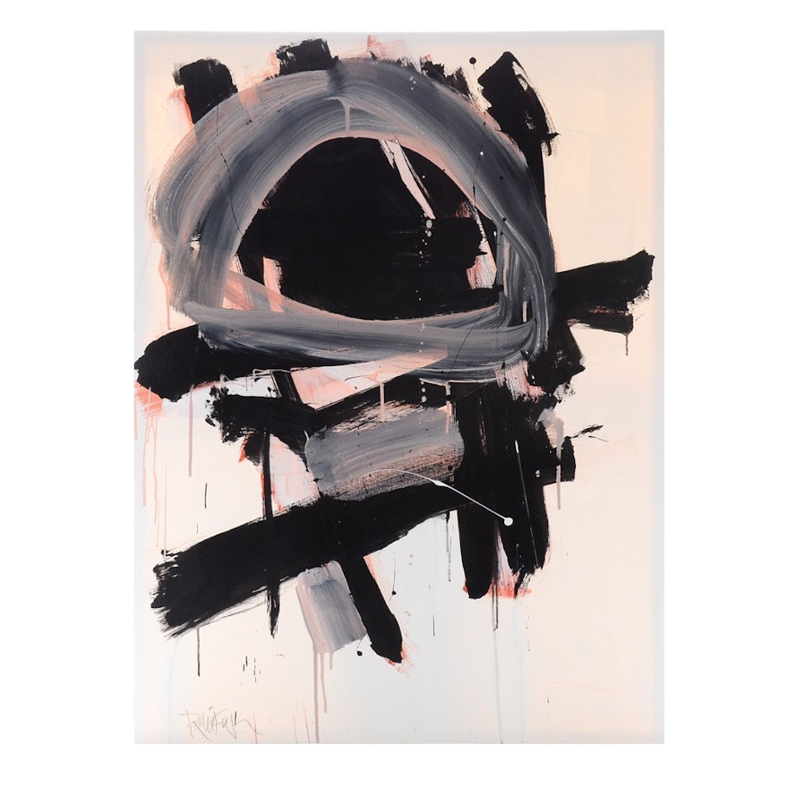 Robbie Kemper Original Abstract Acrylic on Canvas "Gray Peach Blend on Black"