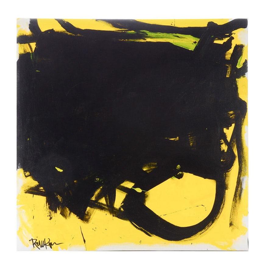 Robbie Kemper Original Abstract Acrylic on Canvas "Black Shape Curve on Yellow"