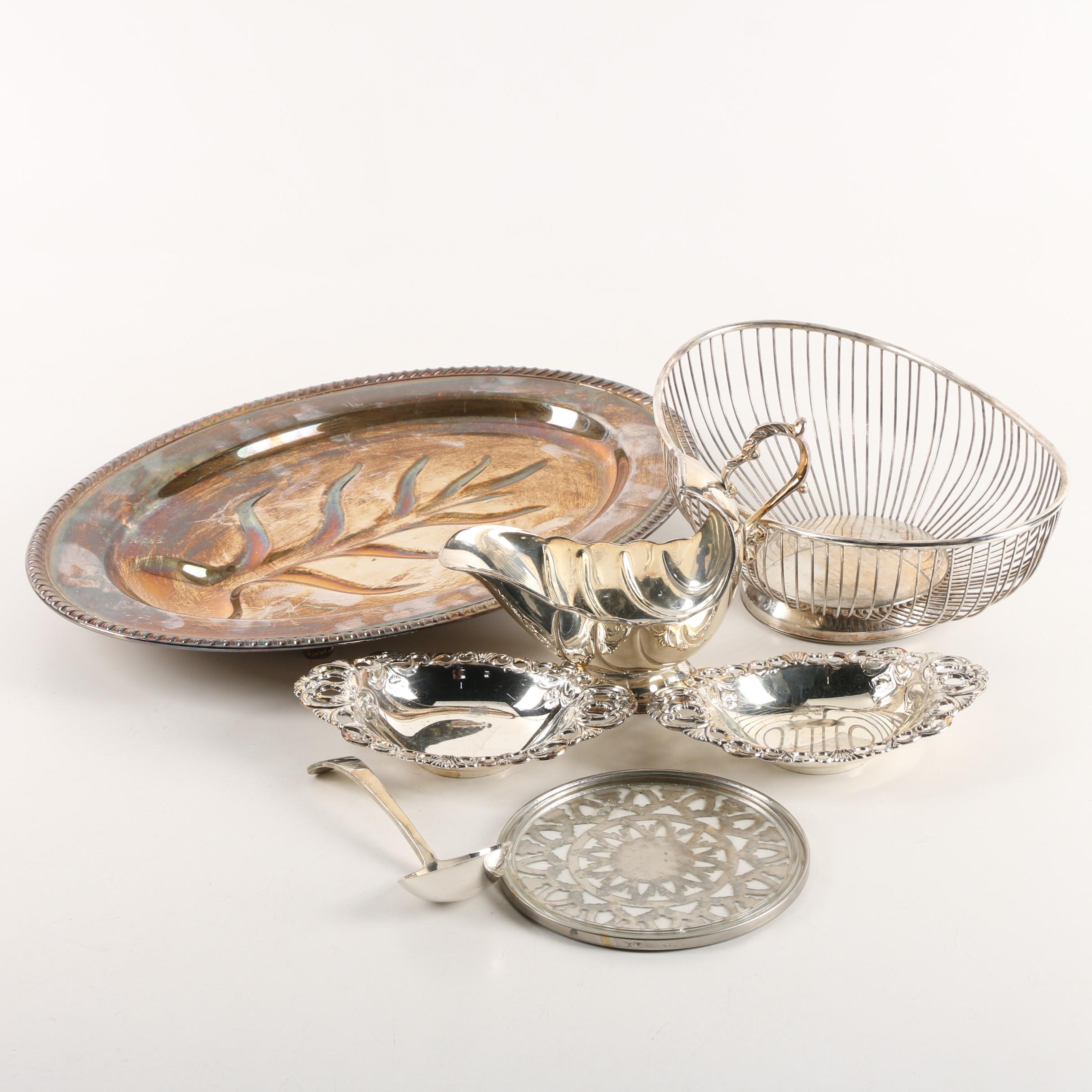 Bombay Gravy Boat, Leonard Bread Basket, and Other Silver Plate Serveware