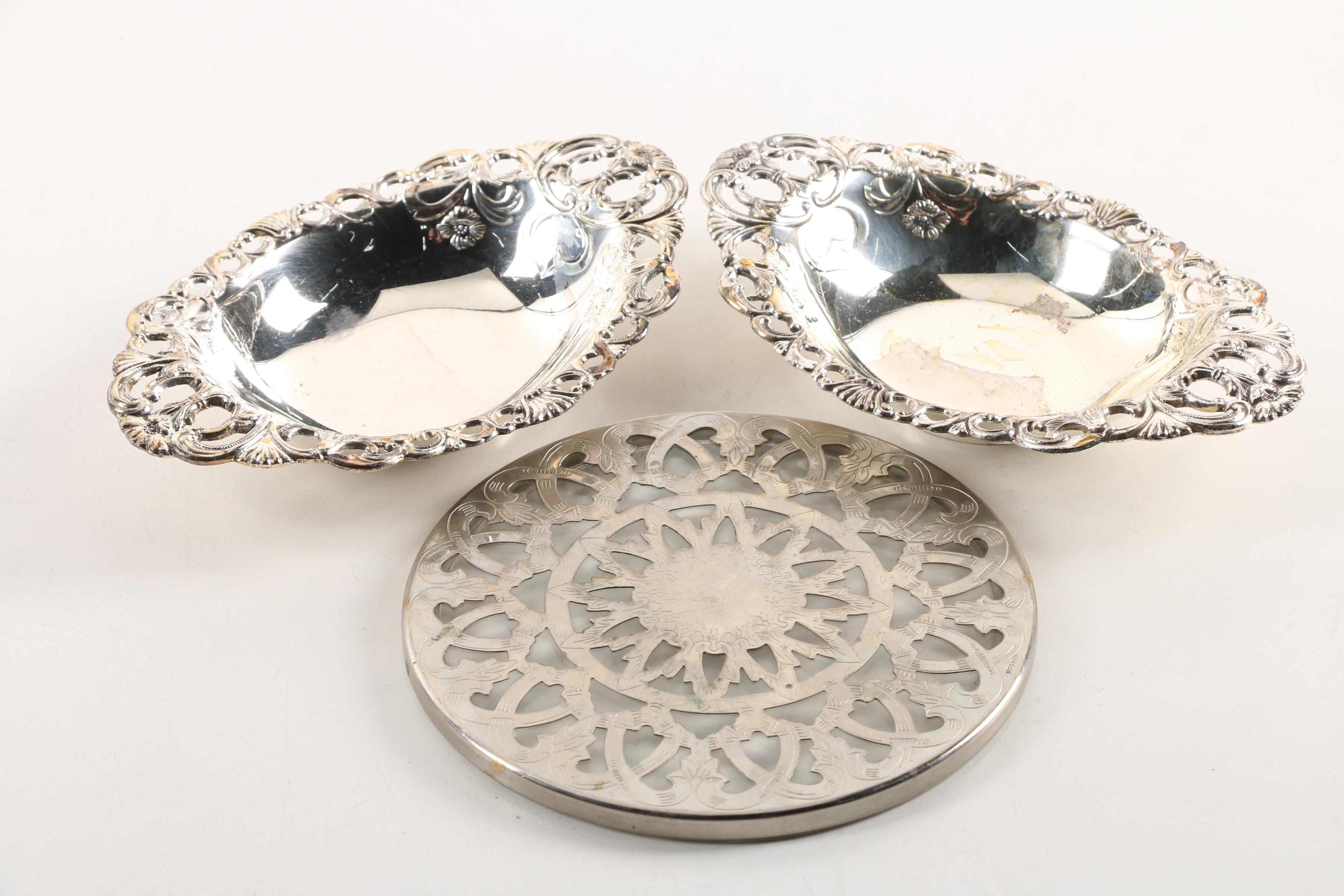 Bombay Gravy Boat, Leonard Bread Basket, and Other Silver Plate Serveware