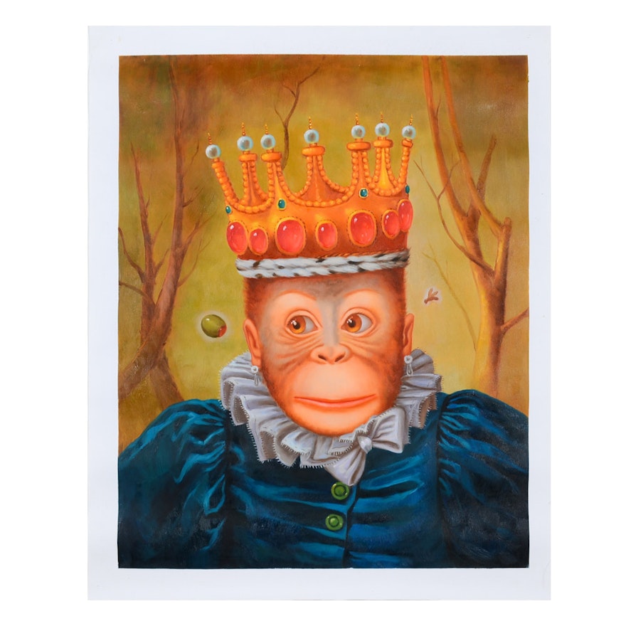 Mixed Media Painting on Canvas of Anthropomorphic Royal Monkey