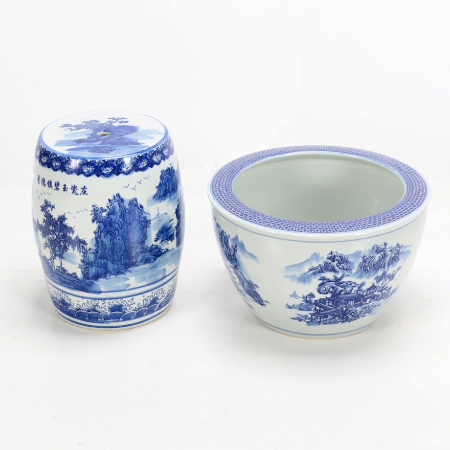 Chinese Blue and White Ceramic Garden Stool and Planter