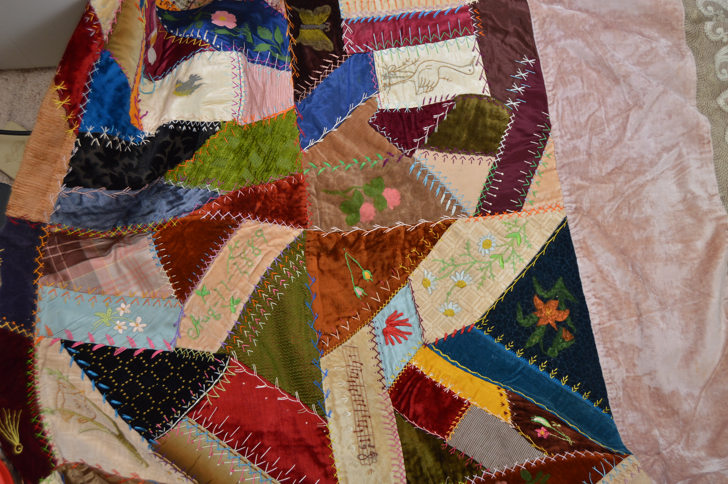 Circa 1881 Crazy Quilt Top with Added Velvet and Lace Border