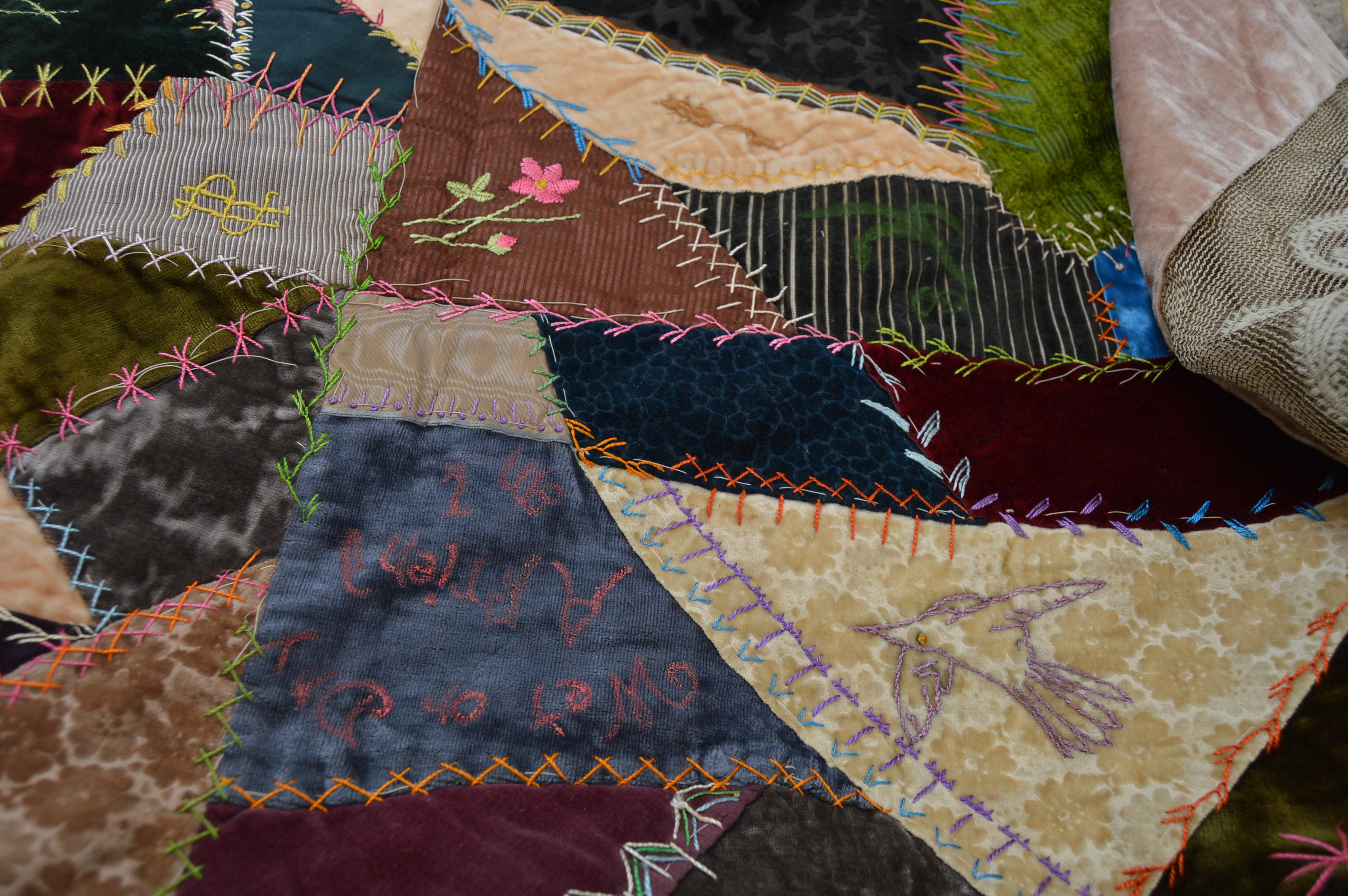 Circa 1881 Crazy Quilt Top with Added Velvet and Lace Border