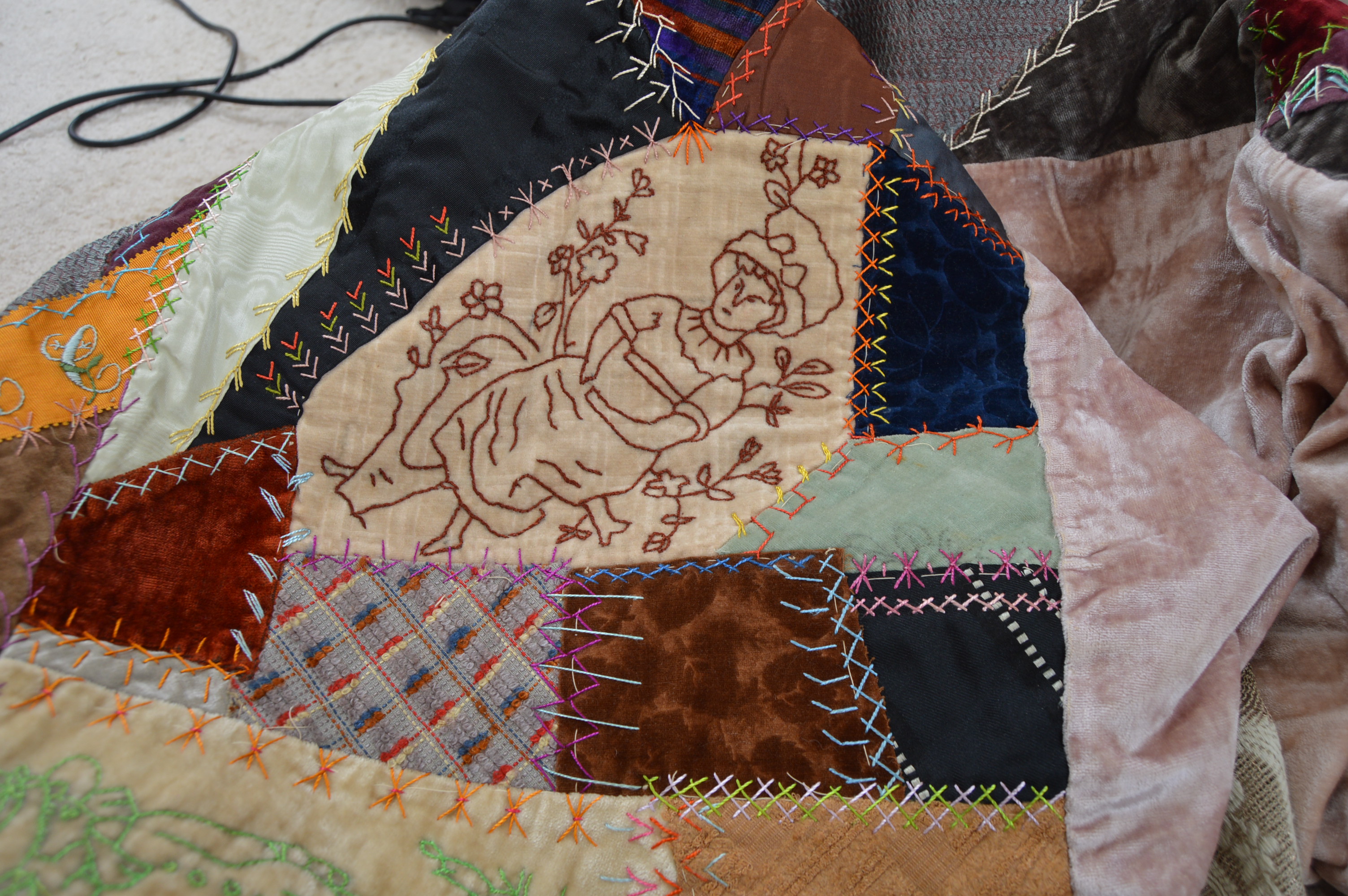 Circa 1881 Crazy Quilt Top with Added Velvet and Lace Border
