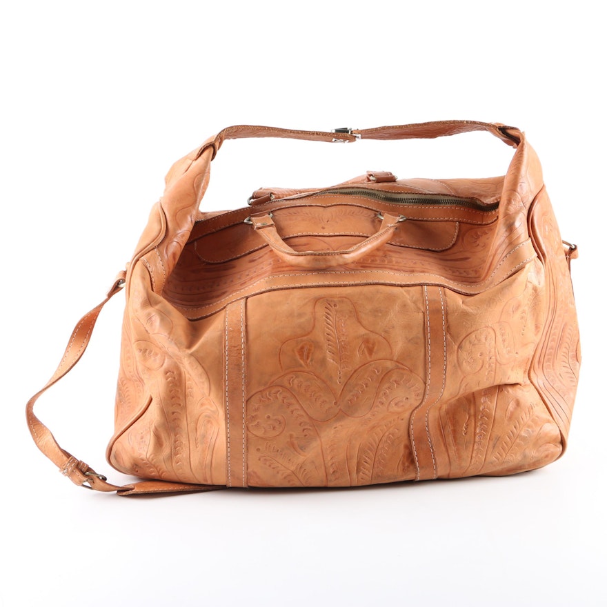 Tan Tooled Leather Weekender Bag