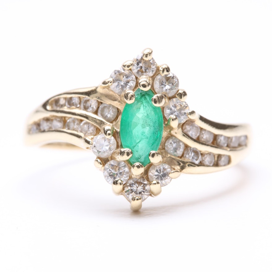 14K Yellow Gold Emerald and Diamond Ring