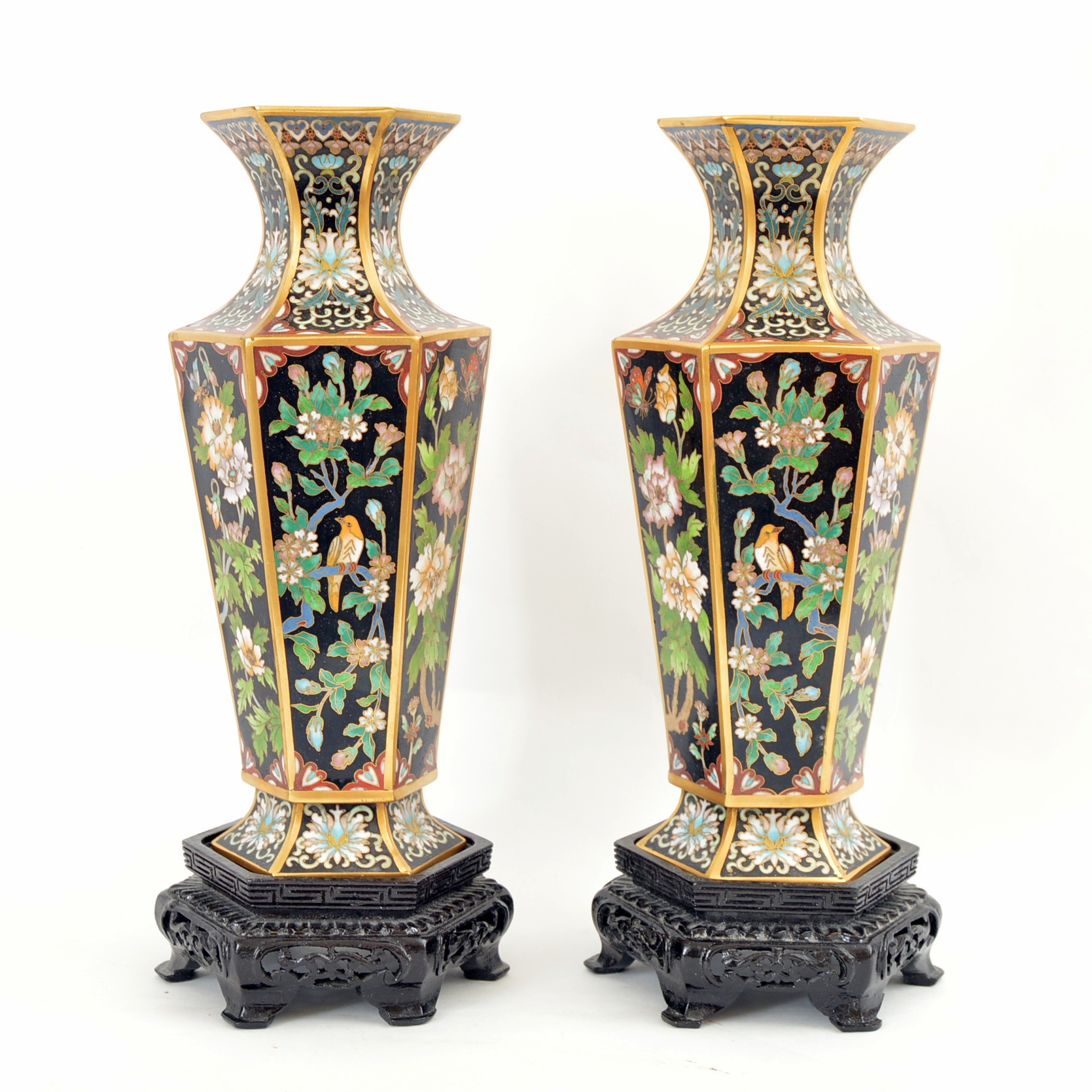 Vintage Chinese Cloisonne Vases with Wood Display Bases
