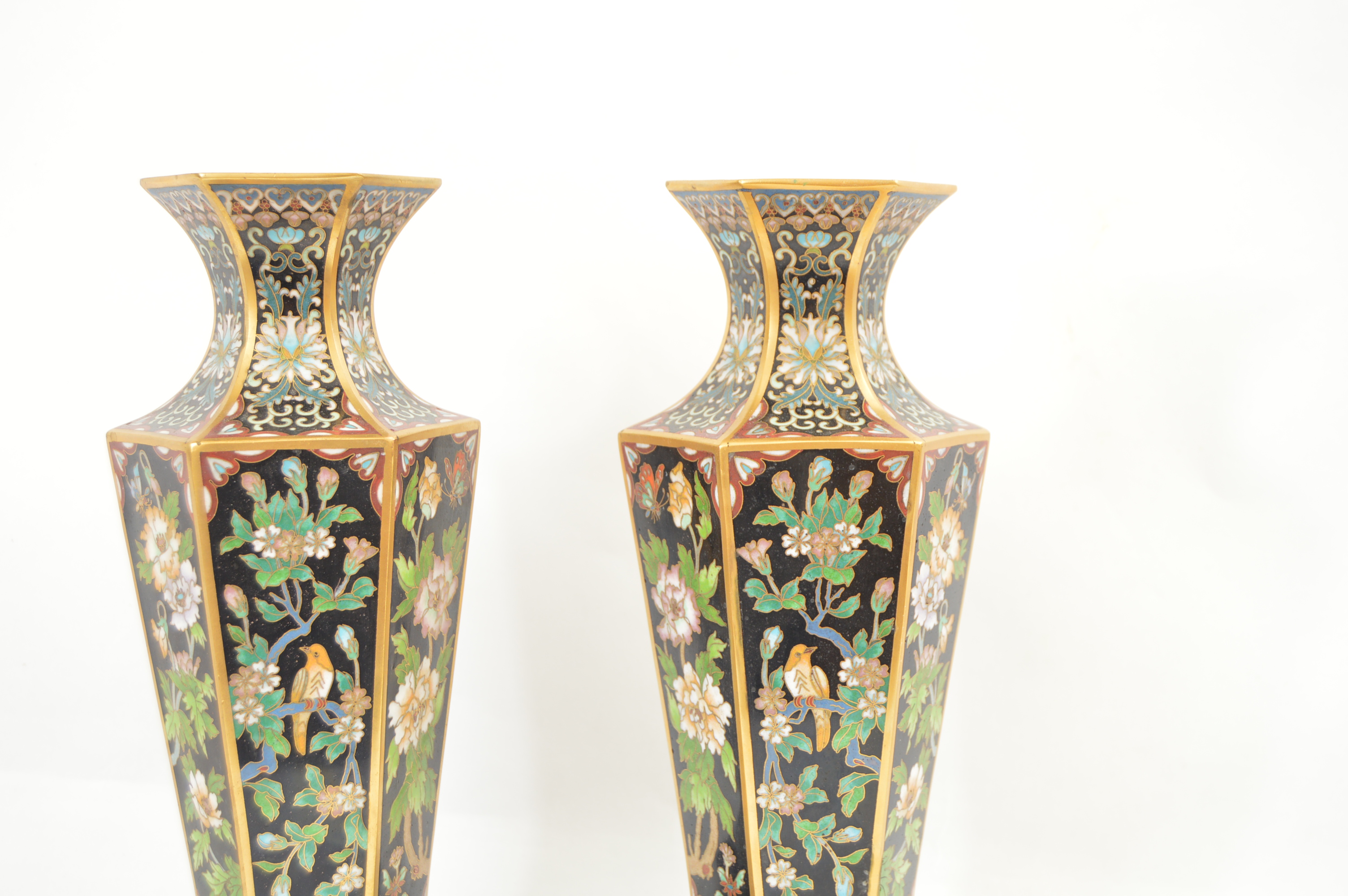 Vintage Chinese Cloisonne Vases with Wood Display Bases