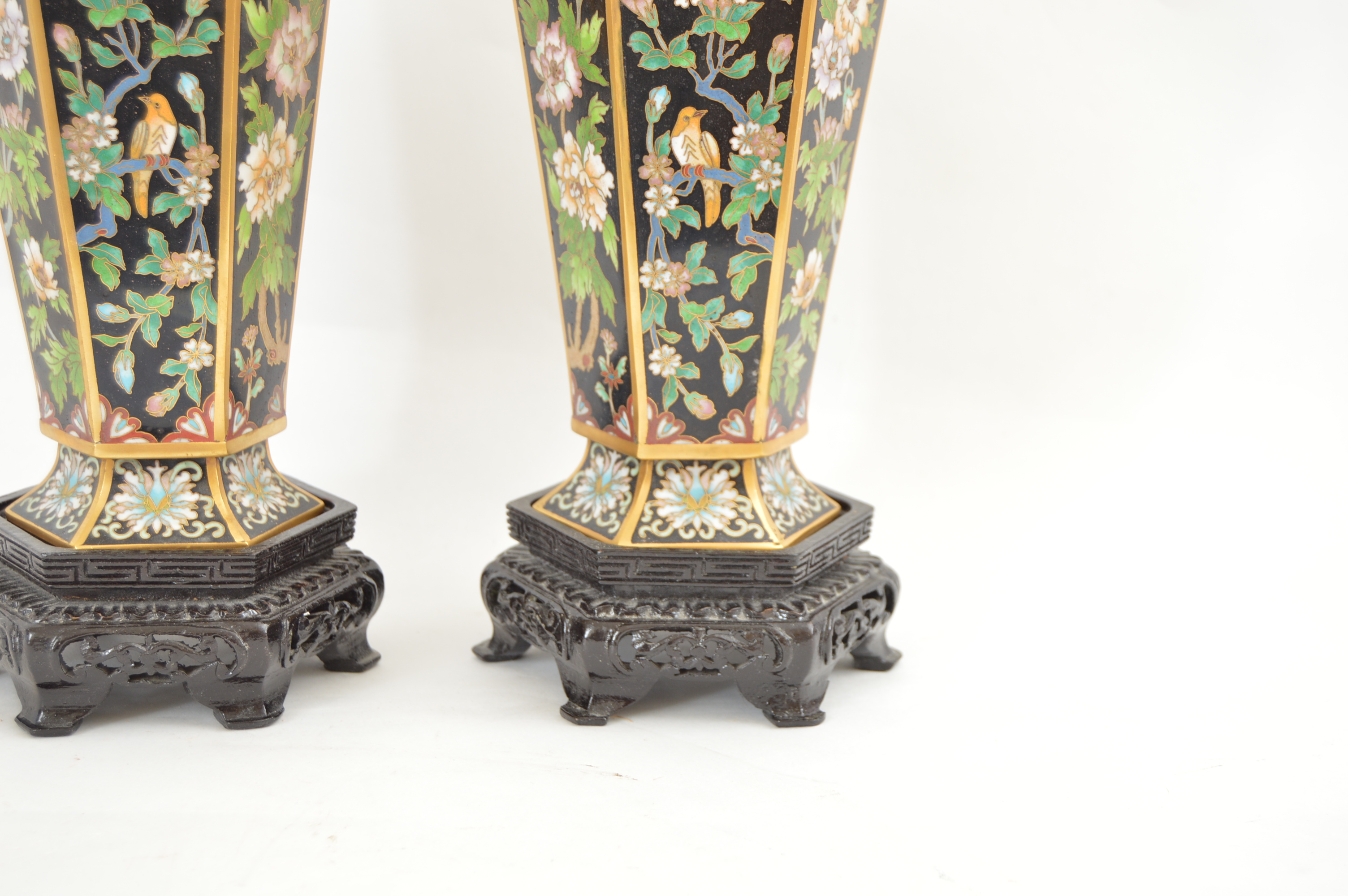 Vintage Chinese Cloisonne Vases with Wood Display Bases