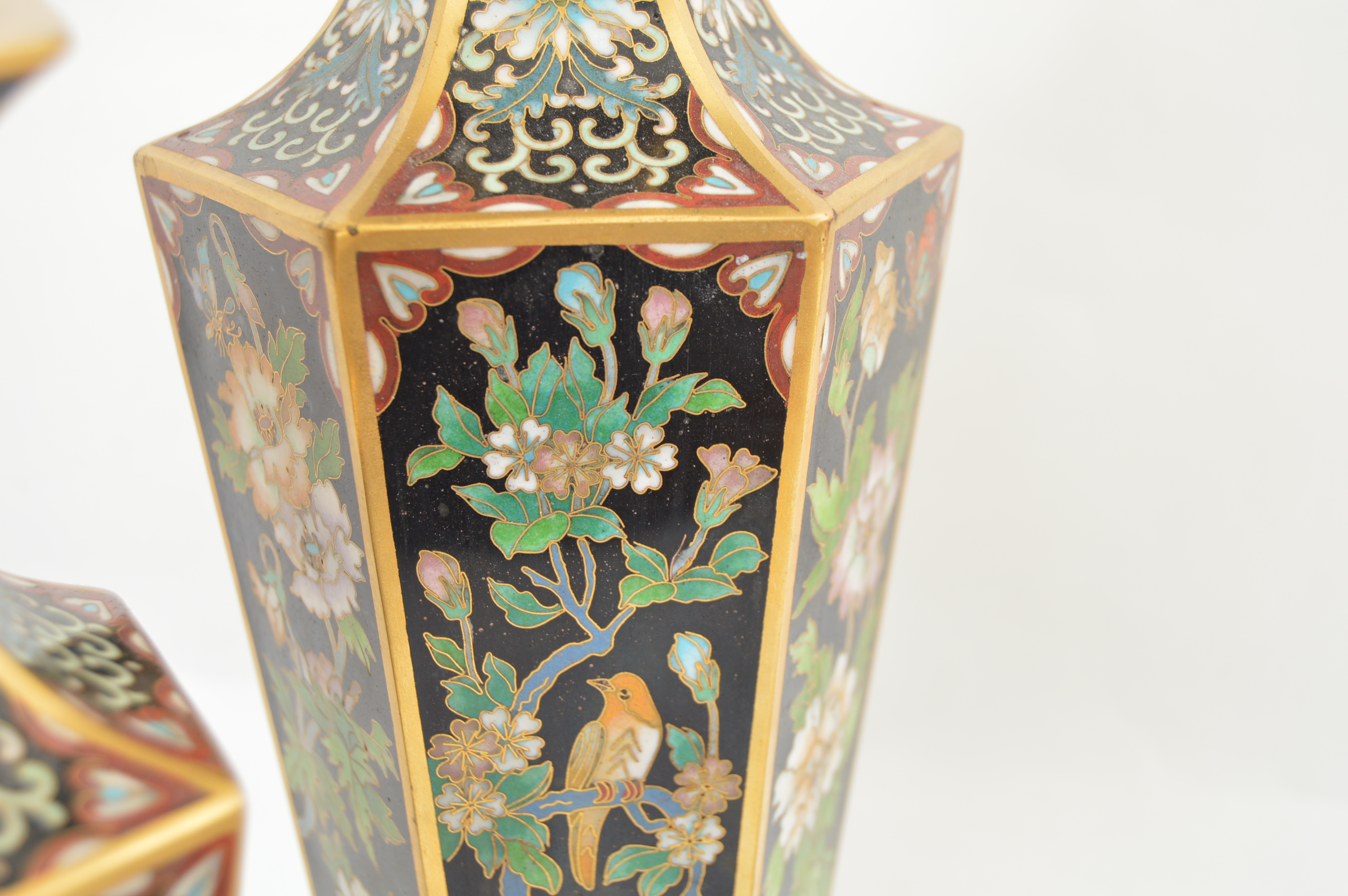 Vintage Chinese Cloisonne Vases with Wood Display Bases