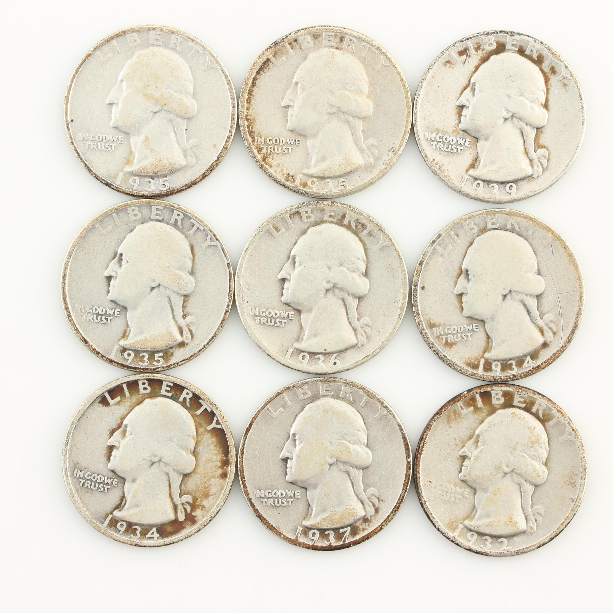 Nine Vintage Washington Silver Quarters from the 1930s
