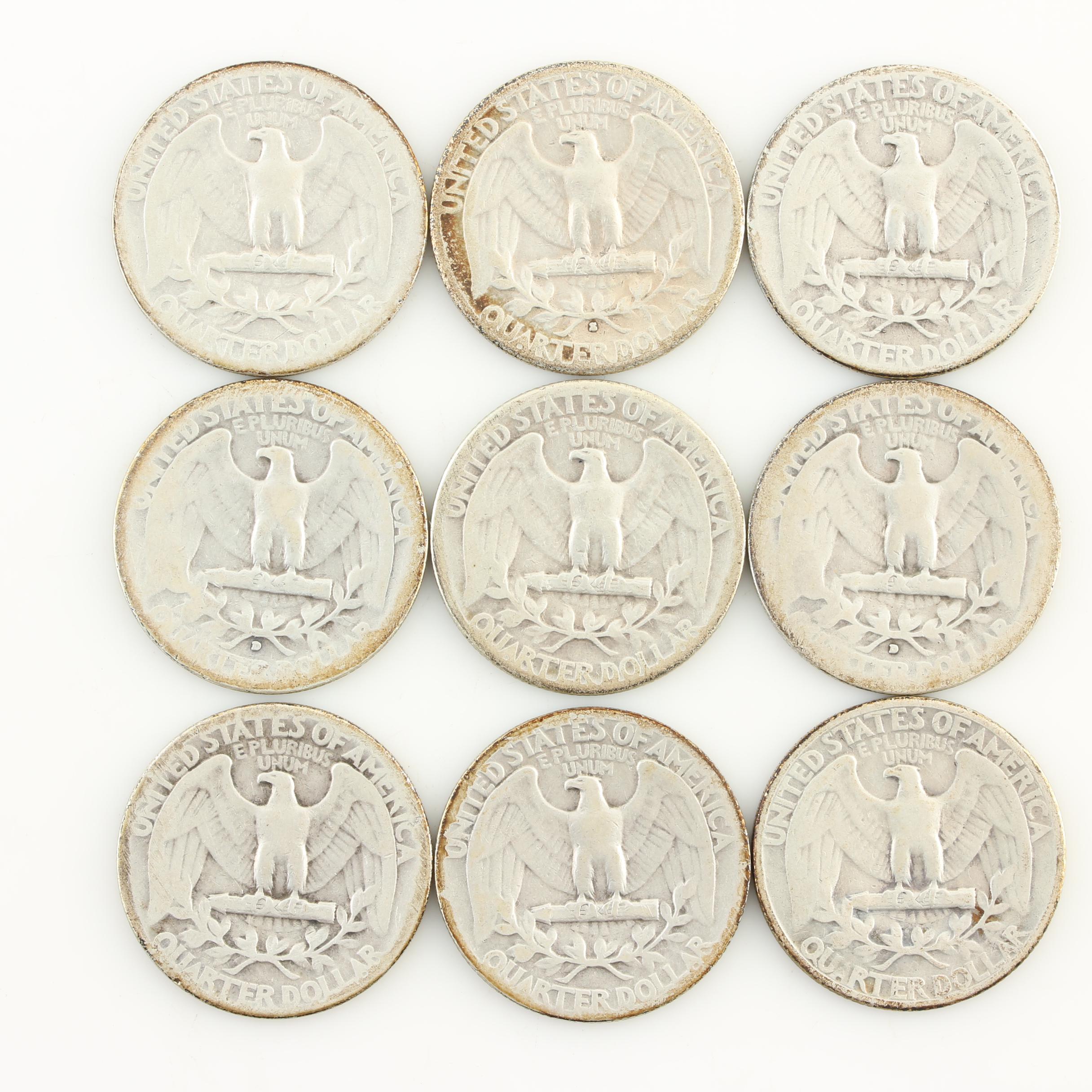 Nine Vintage Washington Silver Quarters from the 1930s