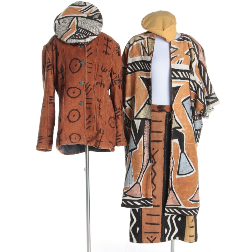 Women's Vintage Handmade African Mudcloth-Style Jackets, Hats and Skirt