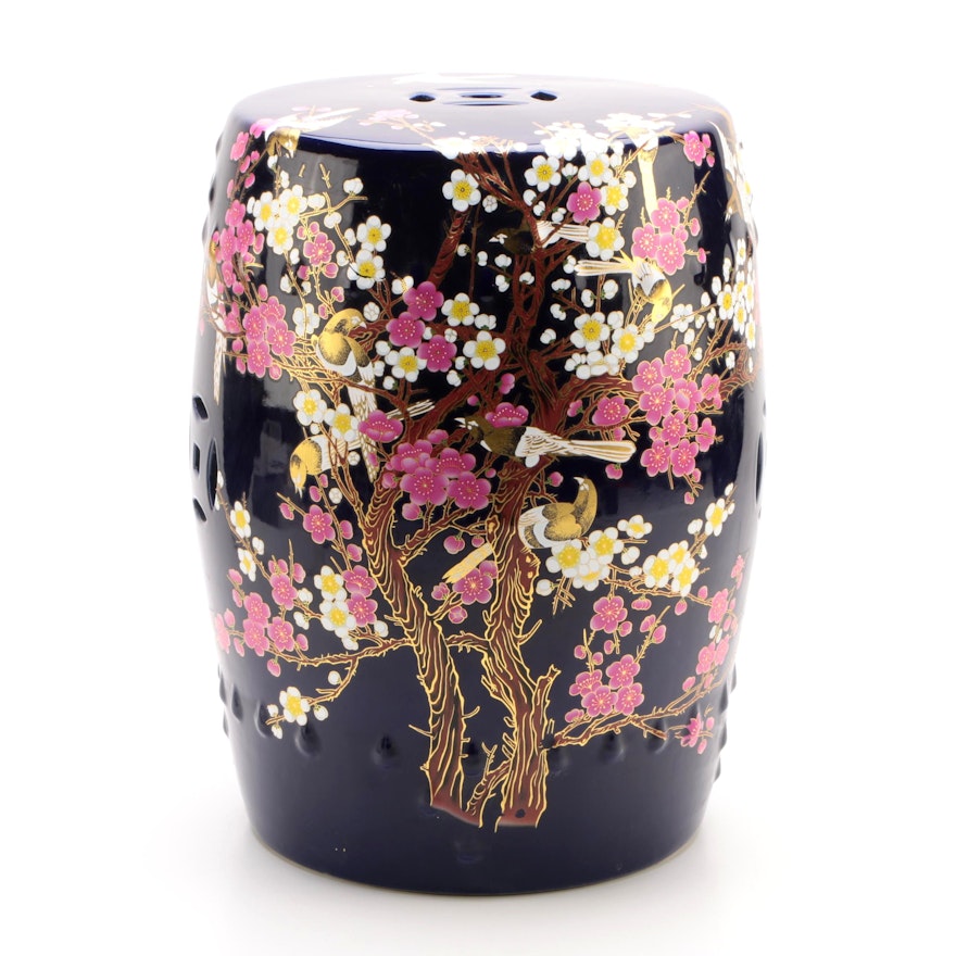 Chinese Hand-Painted Porcelain Garden Stool with Cherry Blossom and Bird Motif