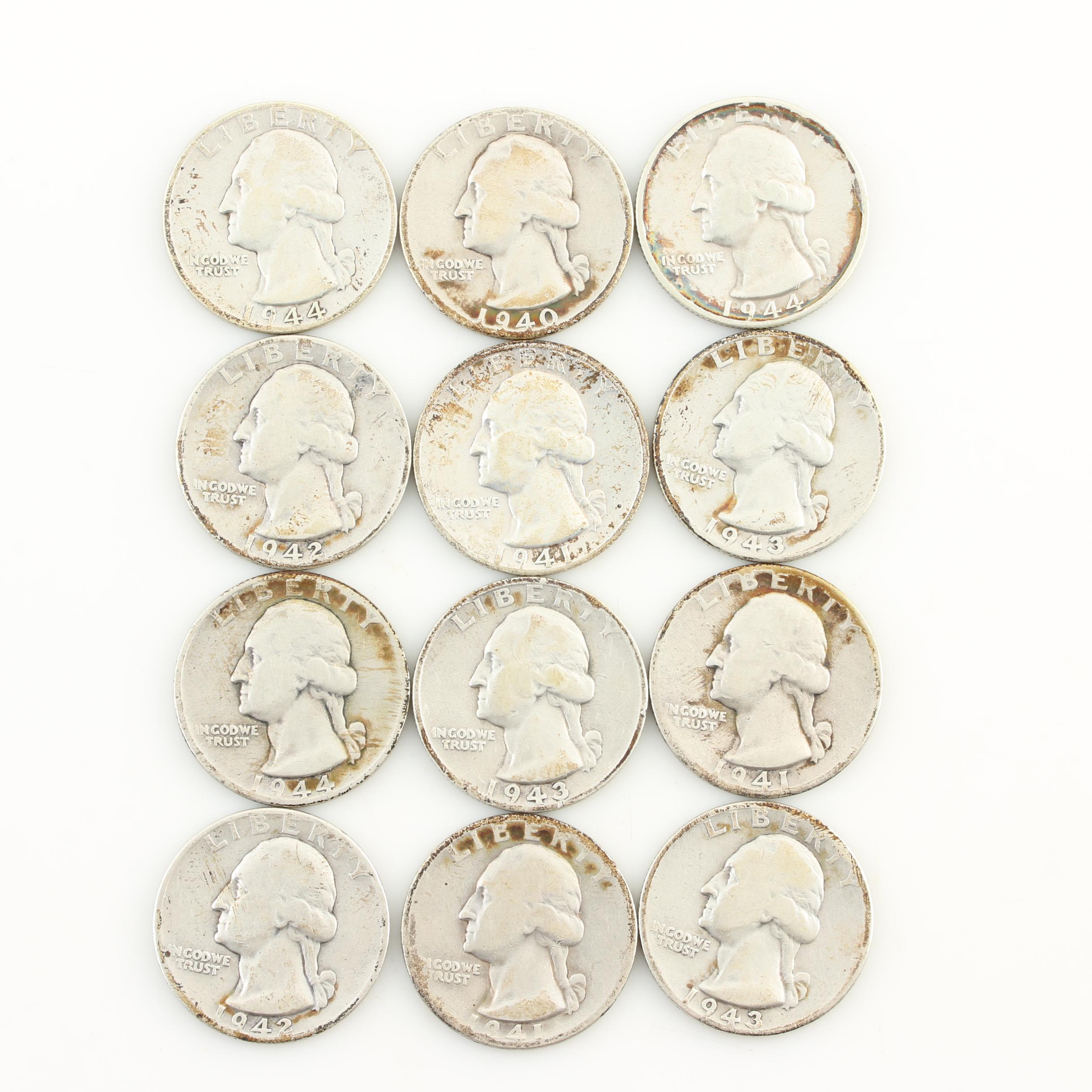 Twelve Vintage Washington Silver Quarters from the Early 1940s