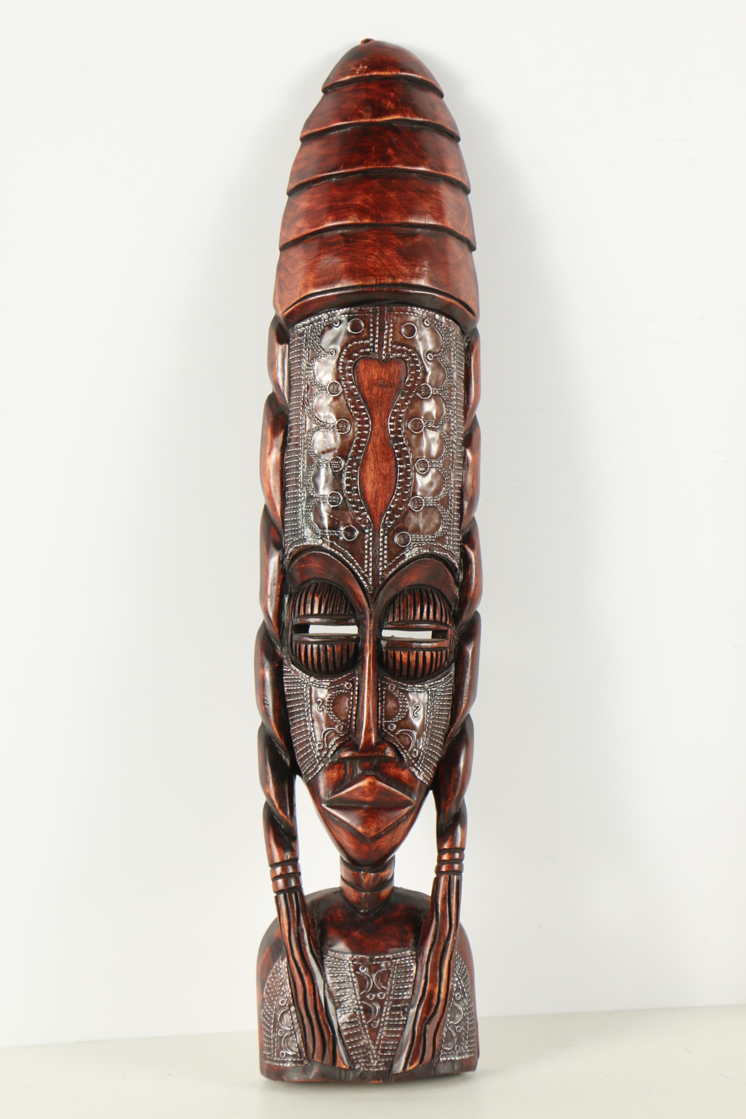 Pair Ghanaian Style Masks with Inlaid Metal
