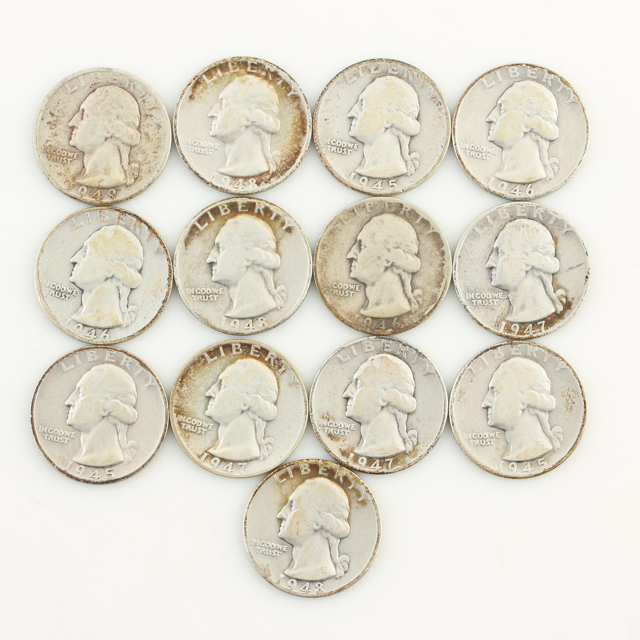 Thirteen Vintage Washington Silver Quarters from the Late 1940s