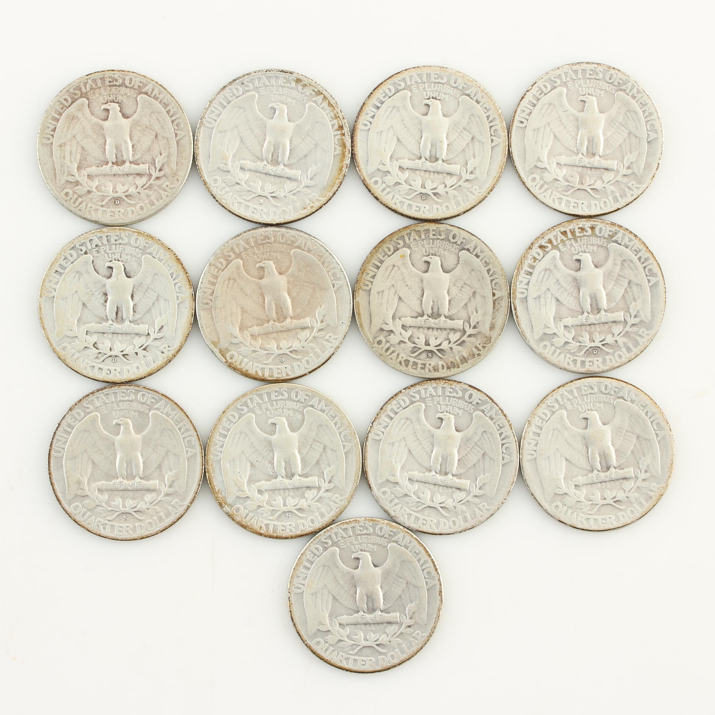 Thirteen Vintage Washington Silver Quarters from the Late 1940s