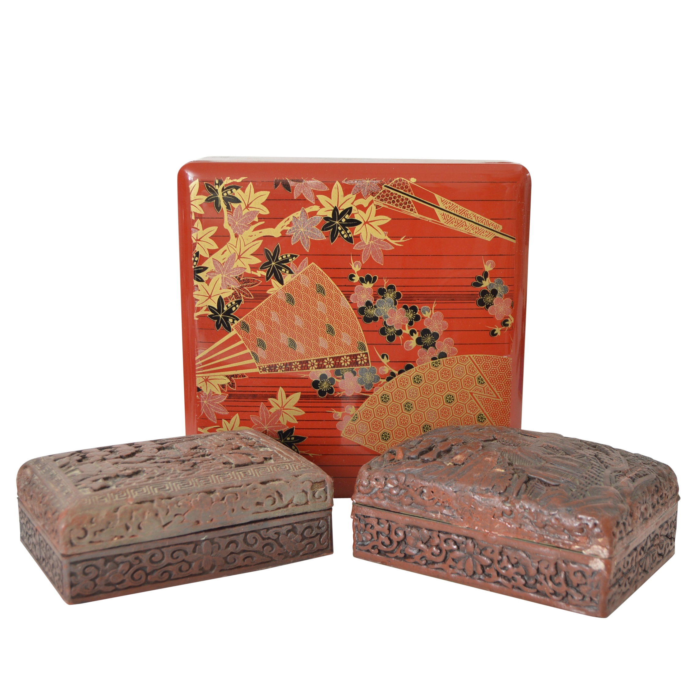 Japanese Stacked Lacquerware Box and Chinese Cinnabar Carved Boxes