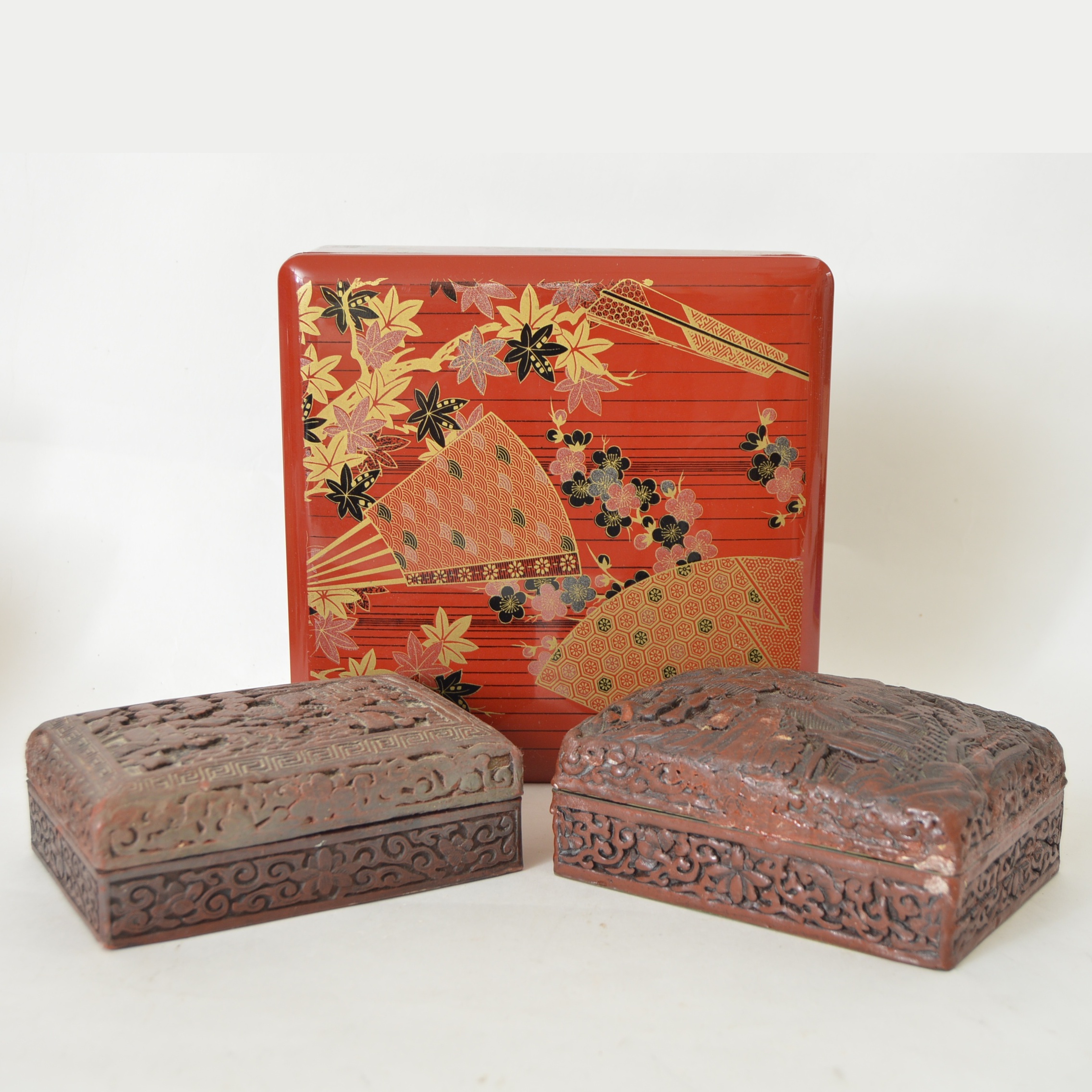 Japanese Stacked Lacquerware Box and Chinese Cinnabar Carved Boxes