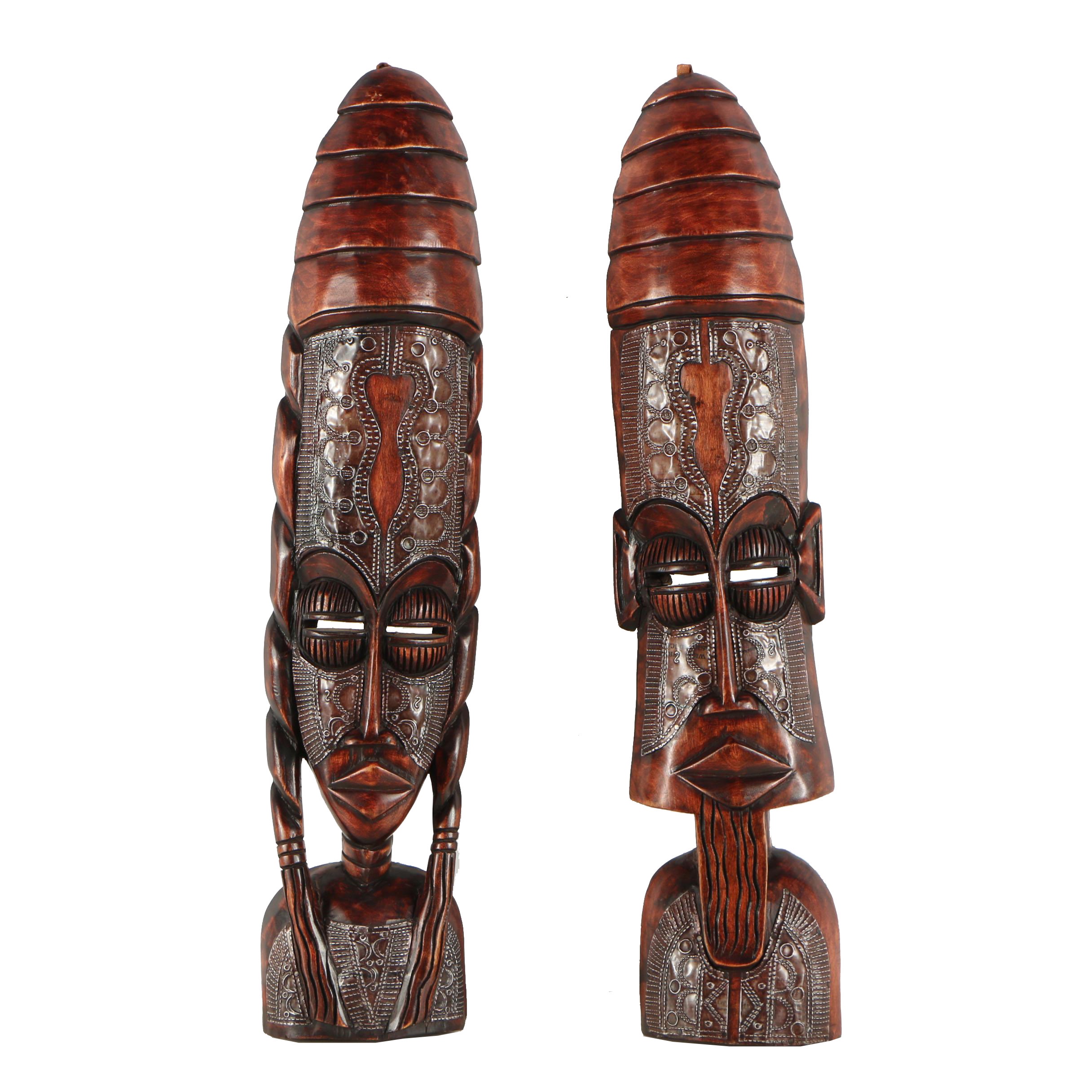 Pair Ghanaian Style Masks with Inlaid Metal