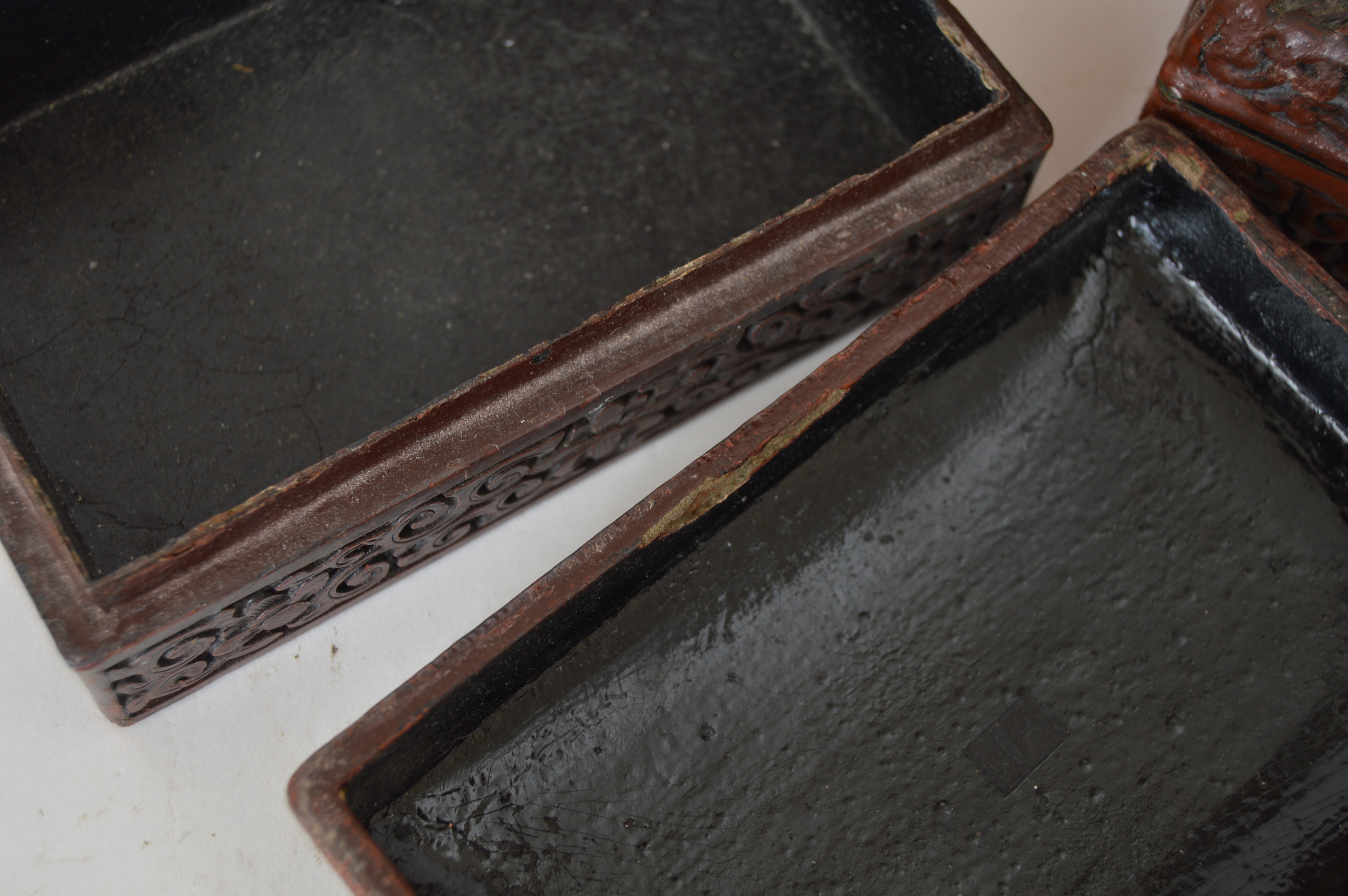 Japanese Stacked Lacquerware Box and Chinese Cinnabar Carved Boxes