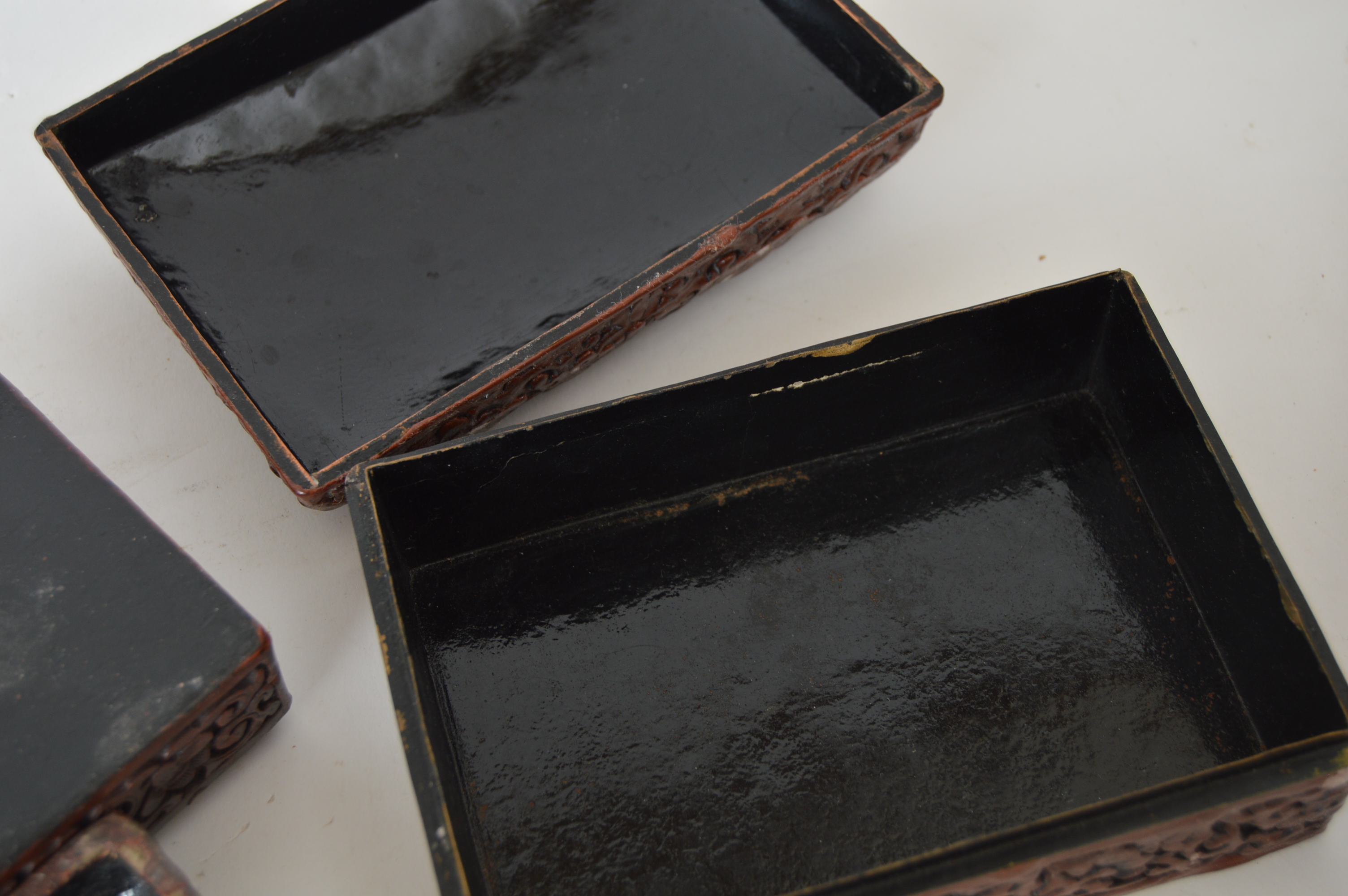 Japanese Stacked Lacquerware Box and Chinese Cinnabar Carved Boxes