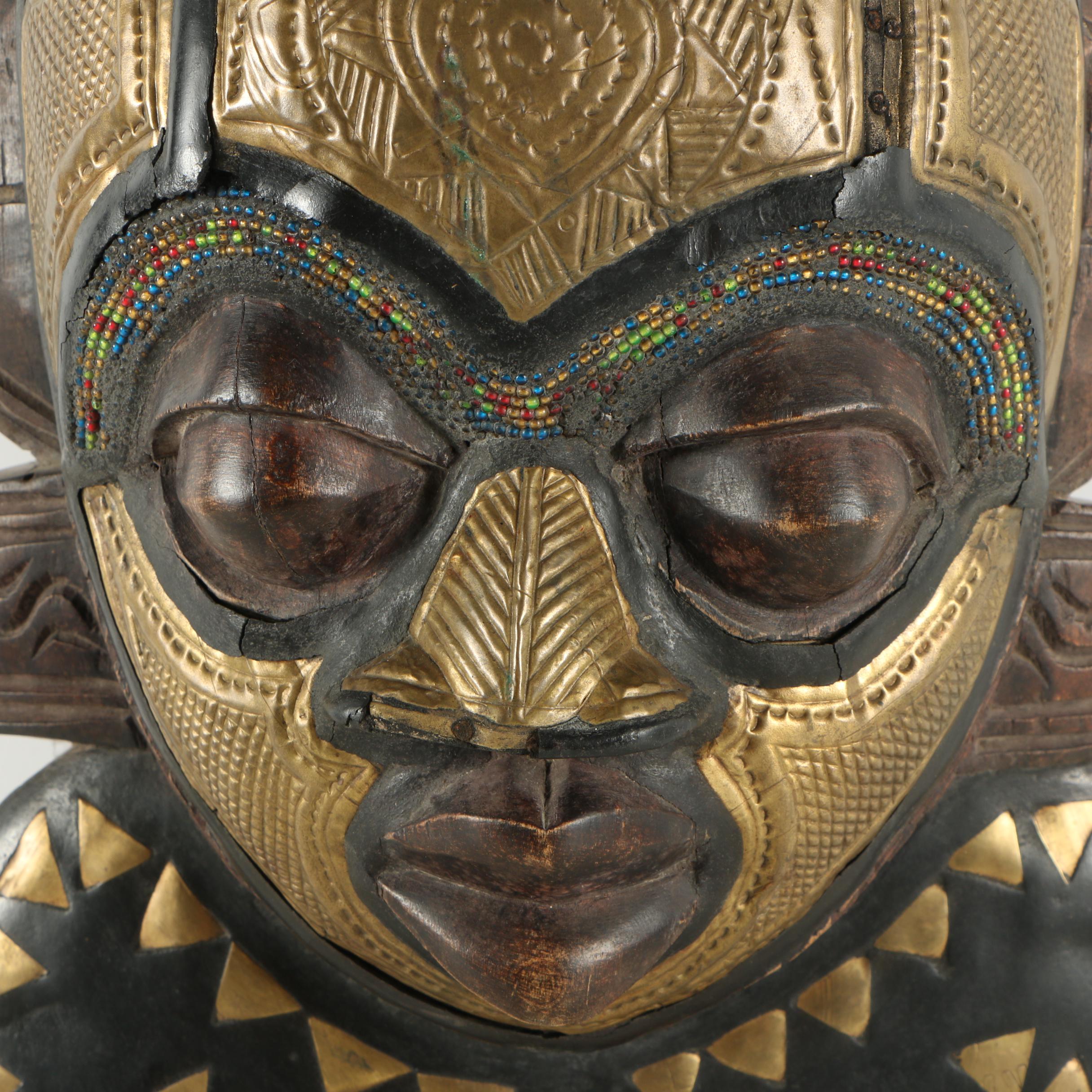 Ashanti Style Masks with Inlaid Brass and Beads